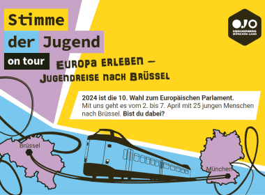Flyer für "Europa erleben - Jugendreise nach Brüssel" Abgebildet ist ein Zug und die Umrisse der Länder Deutschland und Belgien. Unter dem Zug sind Schienen angedeutet, die von Müchnen nach Brüssel führen.